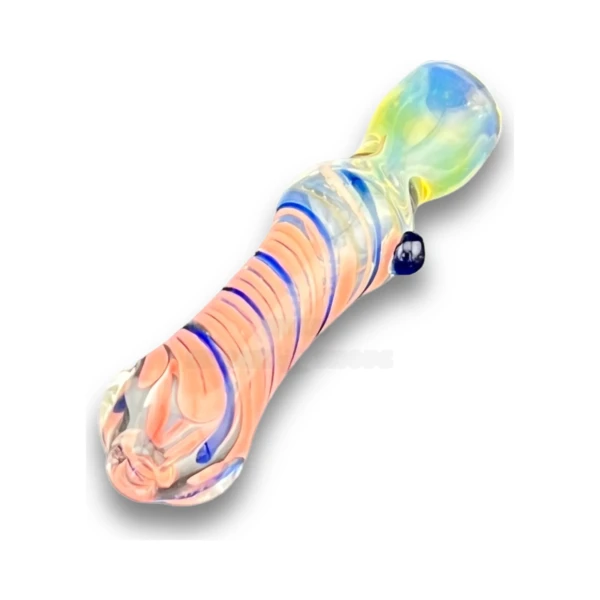 Violet Twist glass chillum one-hitter, clear borosilicate body with a warm orange and yellow twisted spiral, in El Paso