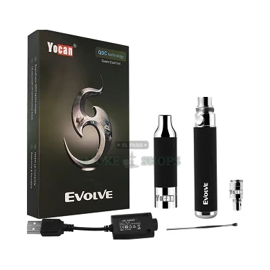 Yocan Evolve wax pen shown apart in El Paso: stainless steel battery, atomizer, coil cap and mouthpiece with quartz coil