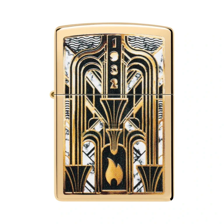 Back of the Zippo Art Deco Flame brass lighter showing the era-style Art Deco shapes and Zippo founding year