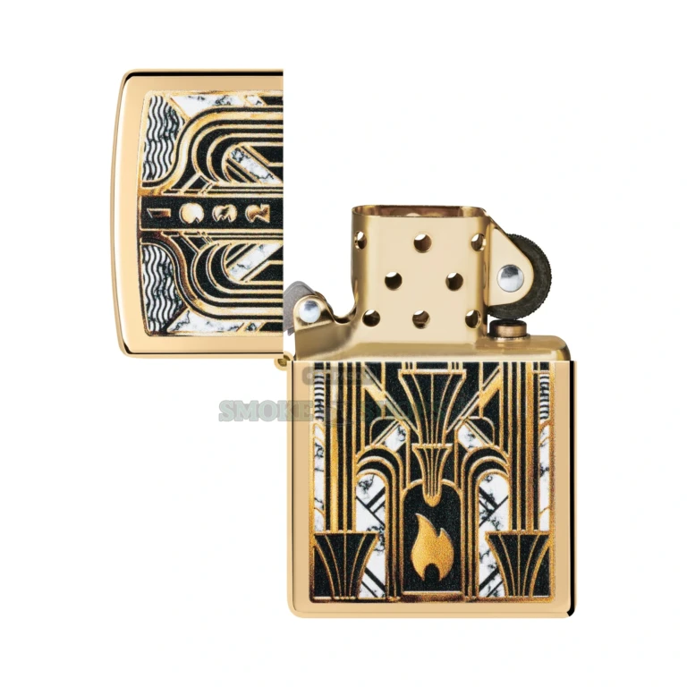 Zippo Art Deco Flame high polish brass lighter 46585, closed, showing the Color Image flame design on a polished brass case