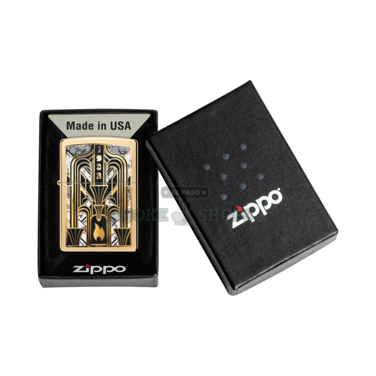 Zippo Art Deco Flame high polish brass lighter 46585, closed, showing the Color Image flame design on a polished brass case