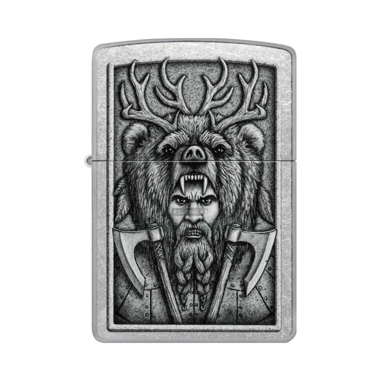 Zippo Barbarian Street Chrome windproof lighter model 48731 with fierce warrior Color Image design, front view