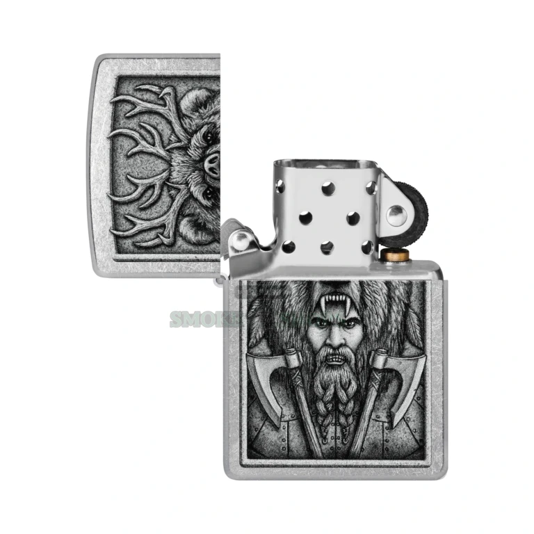 Zippo Barbarian Street Chrome windproof lighter model 48731 with fierce warrior Color Image design, front view