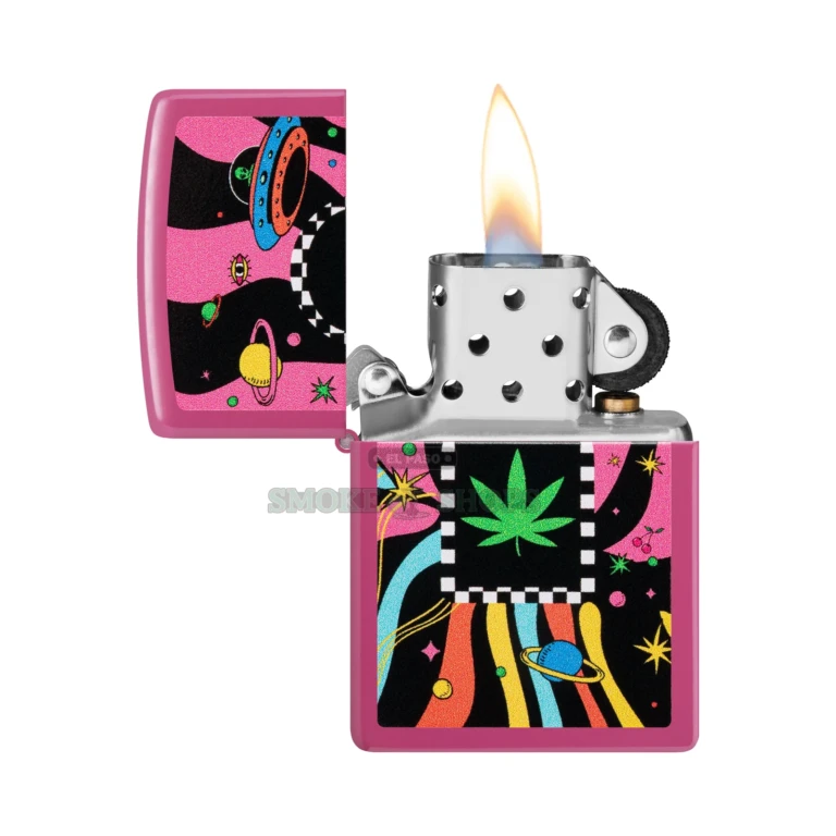 Color Image cannabis leaf and planets artwork wrapping the metal case of the Zippo 48928 lighter