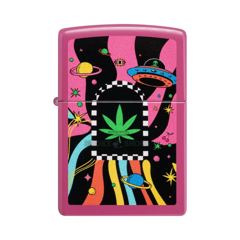 Zippo Cannabis Design Frequency lighter model 48928 with a cannabis leaf among space creatures and planets in color