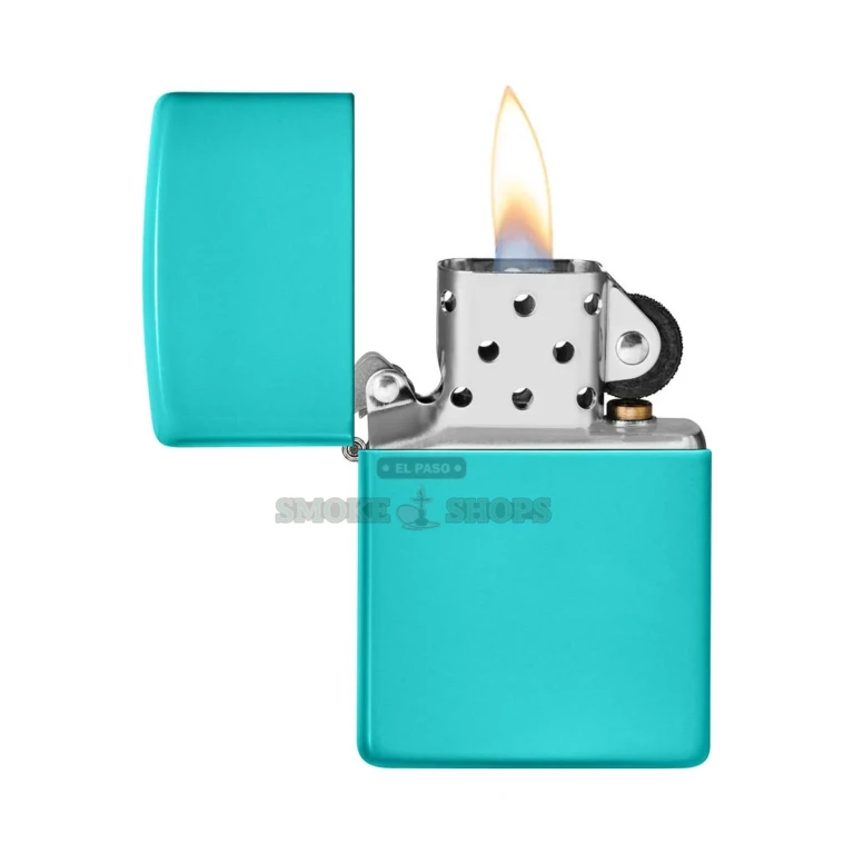 Side profile of the Zippo Flat Turquoise 49454 showing the slim standard-size case at 0.5 inch wide