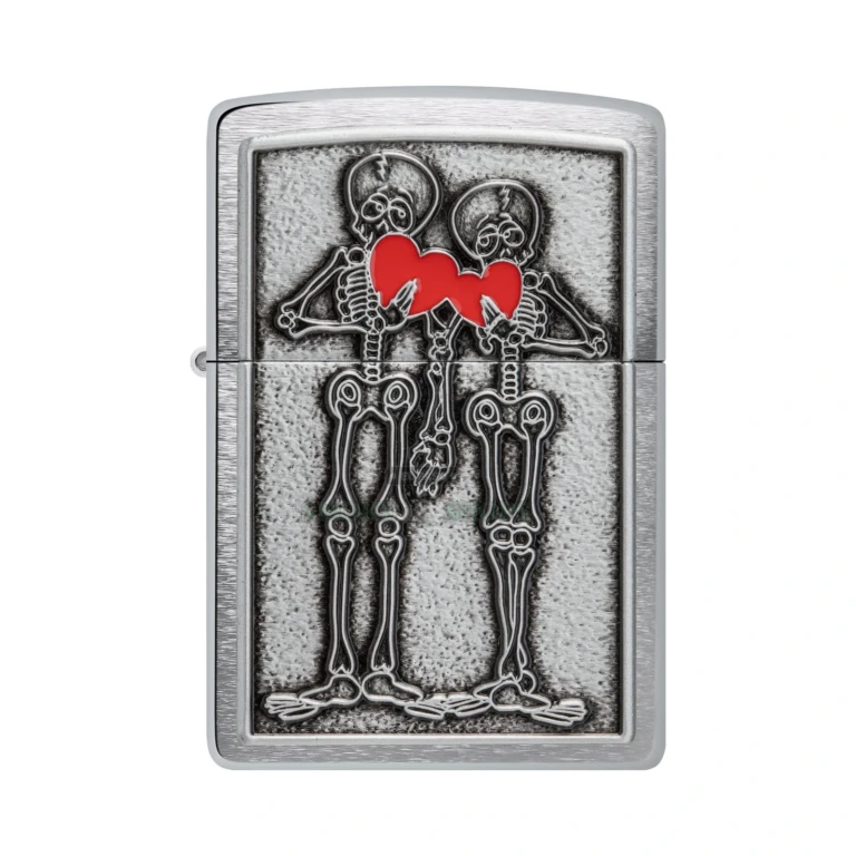 Close-up of the Zippo 48688 Couples Emblem, red hearts and skeletal lovers on brushed chrome, sold in El Paso