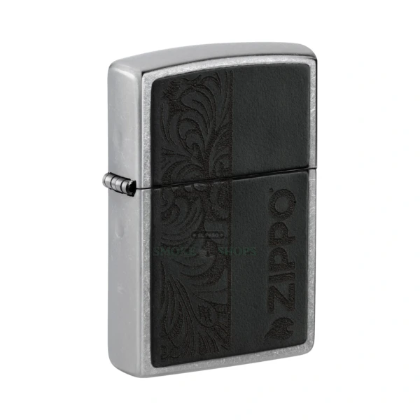 Zippo Couples Emblem windproof lighter 48688 in El Paso, brushed chrome case showing a skeleton sweetheart couple