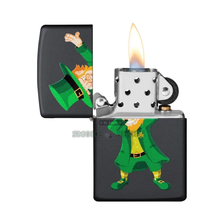 Closeup of the Dabbin' Leprechaun Zippo art, a green leprechaun striking the dab beside his pot of gold on matte black