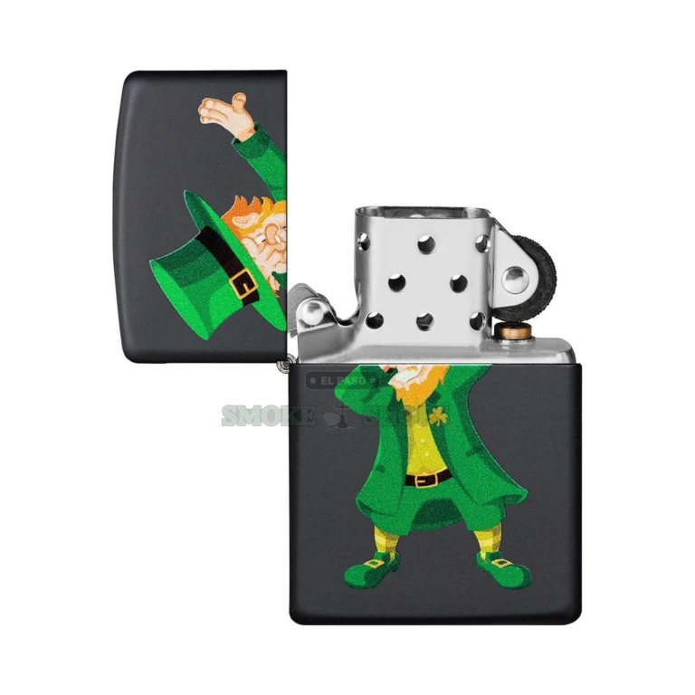 Zippo Dabbin' Leprechaun lighter shown with lid flipped open, black matte case and playful leprechaun dab print visible