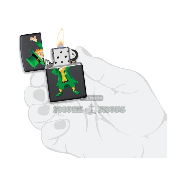 Angled Zippo Dabbin' Leprechaun windproof lighter at El Paso Smoke Shops, all-brass black matte case, novelty leprechaun art
