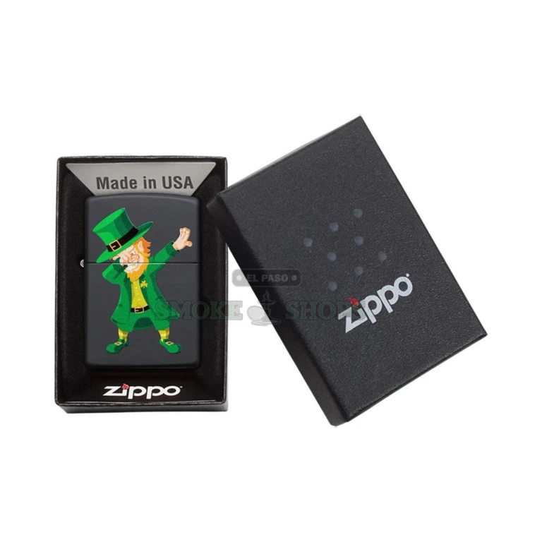 Zippo Dabbin' Leprechaun Regular-size lighter, black matte all-brass case with the fun dabbing leprechaun pot-of-gold print