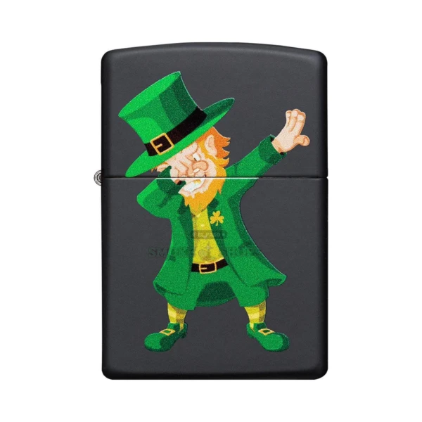 Zippo Dabbin' Leprechaun windproof lighter in El Paso, black matte case printed with a cartoon leprechaun mid-dab