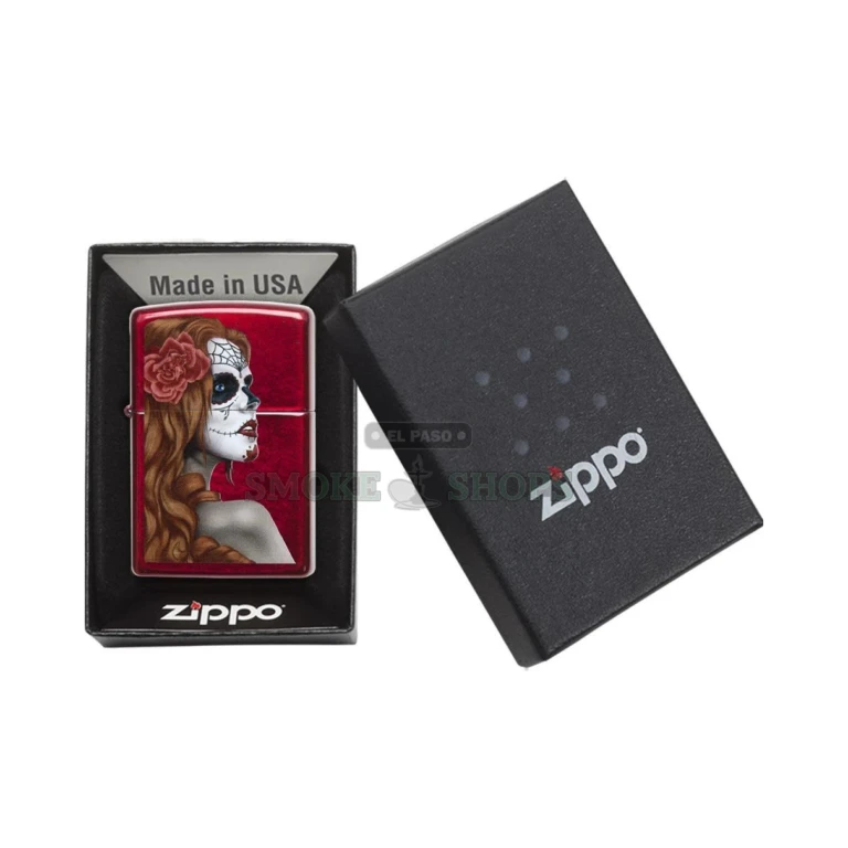 Zippo Day of the Dead Girl Candy Apple Red windproof lighter model 28830, front view of the girl with a rose in her hair