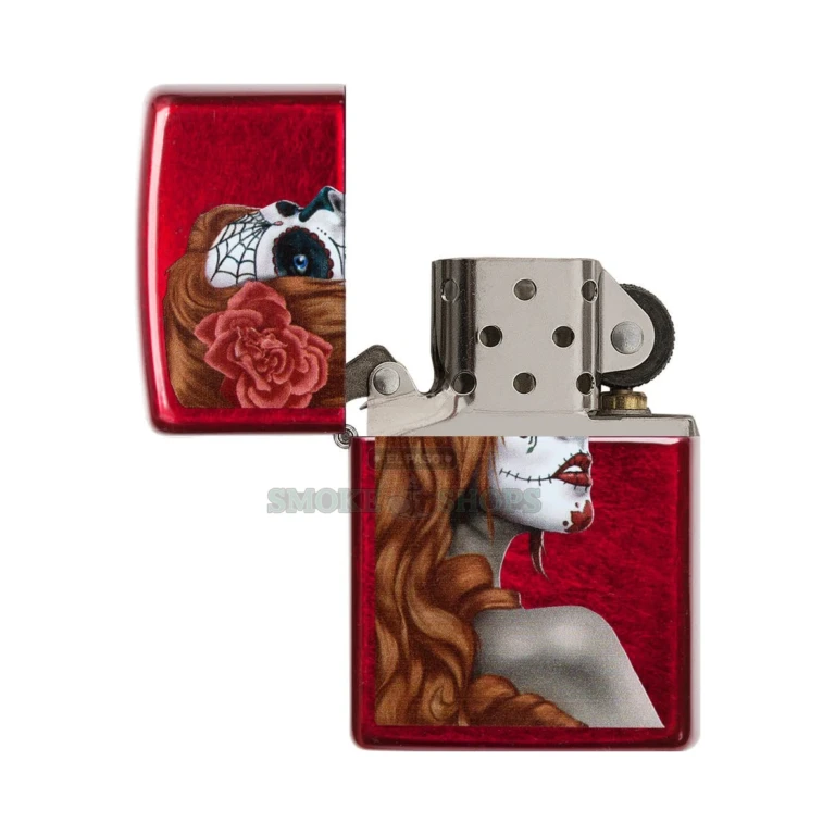 Zippo Day of the Dead Girl Candy Apple Red windproof lighter model 28830, front view of the girl with a rose in her hair