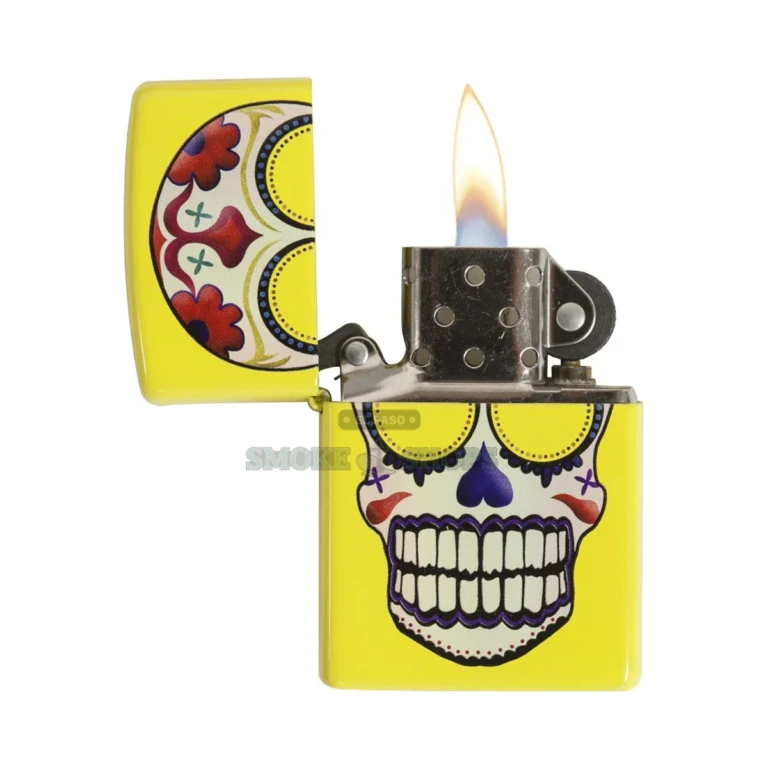 Lemon Matte Zippo lighter open with windproof chimney and flame, Day of the Dead skull design