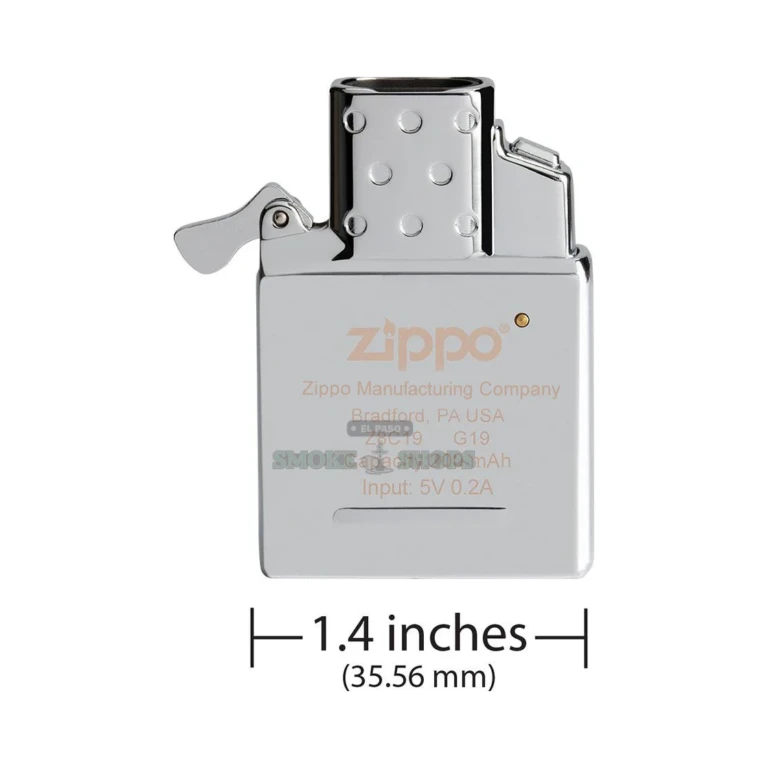 Zippo Double Beam push-button pressed to fire the double plasma arc, flameless rechargeable Zippo insert, El Paso