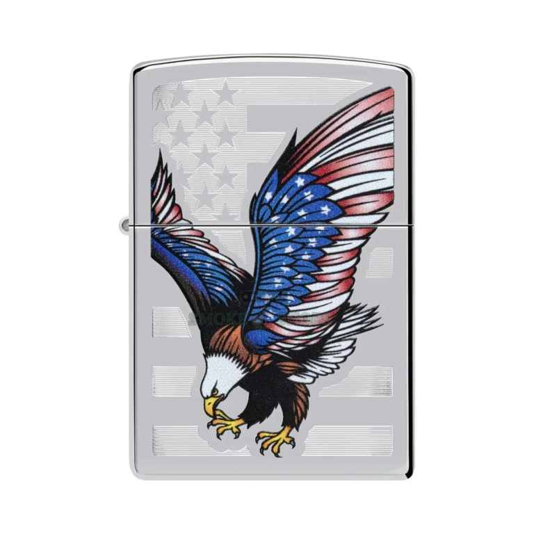 Zippo 28449 Eagle Flag lighter open showing windproof chimney and flame