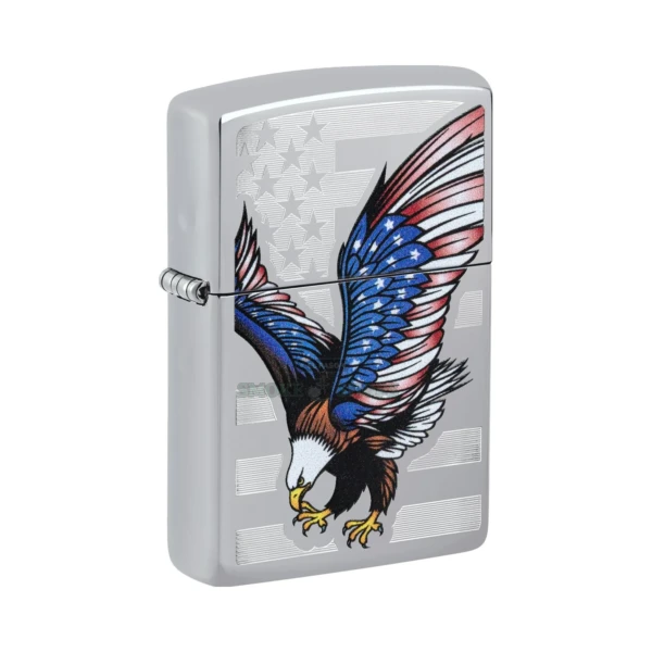 Zippo Eagle Flag High Polish Chrome lighter 28449 with engraved bald eagle over American flag, lid closed