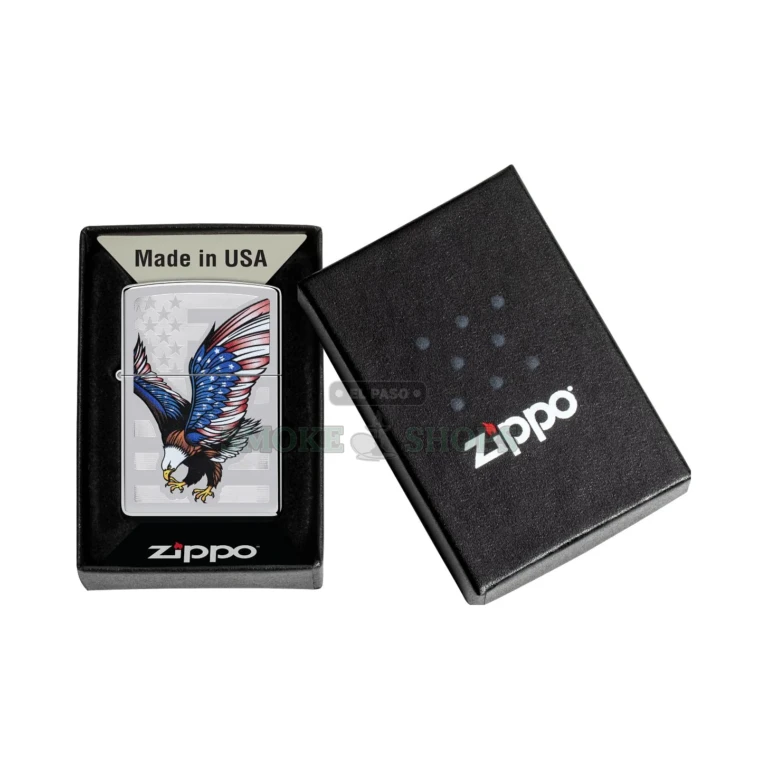 Zippo Eagle Flag High Polish Chrome lighter 28449 with engraved bald eagle over American flag, lid closed