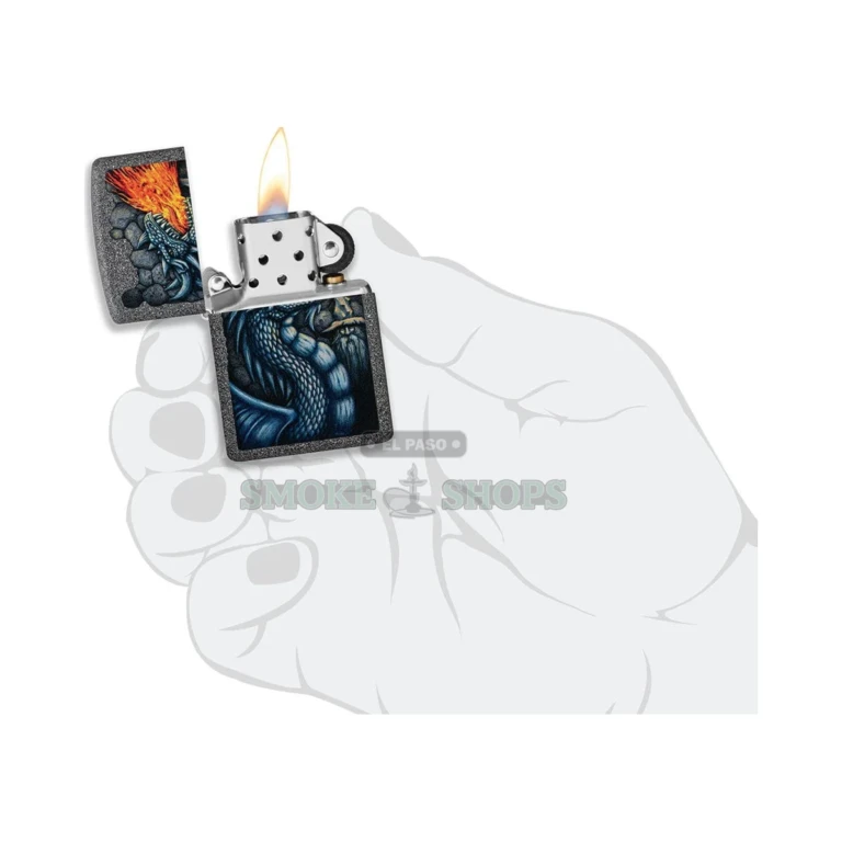 Matte gray Iron Stone textured finish on the back of the Zippo Fiery Dragon lighter 49776