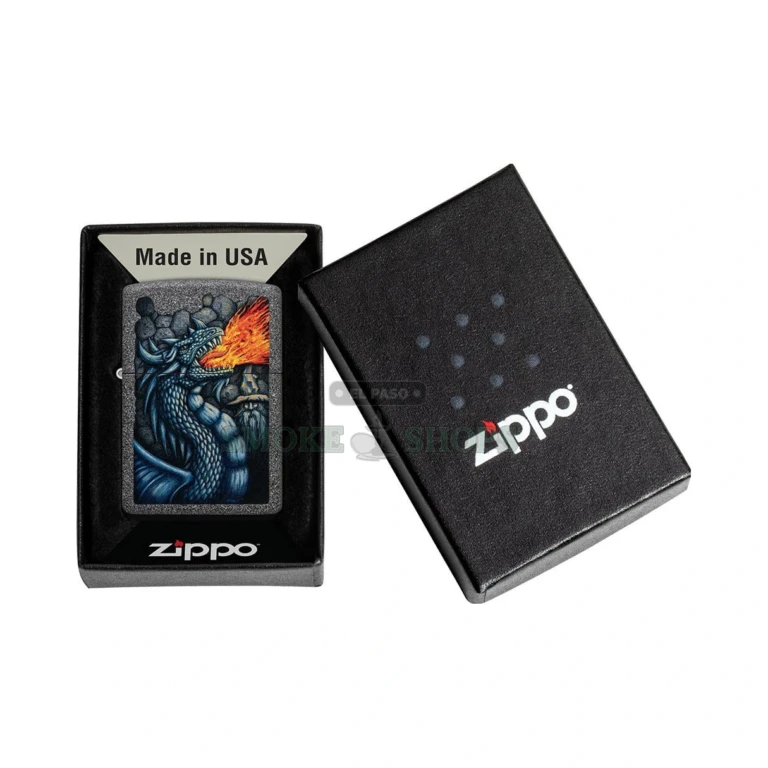 Zippo Fiery Dragon Iron Stone lighter 49776 in its Zippo gift box
