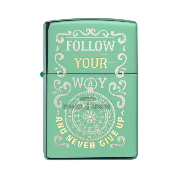 Zippo Follow Your Way compass lighter in High Polish Green at El Paso Smoke Shops, laser two-tone artwork, front view