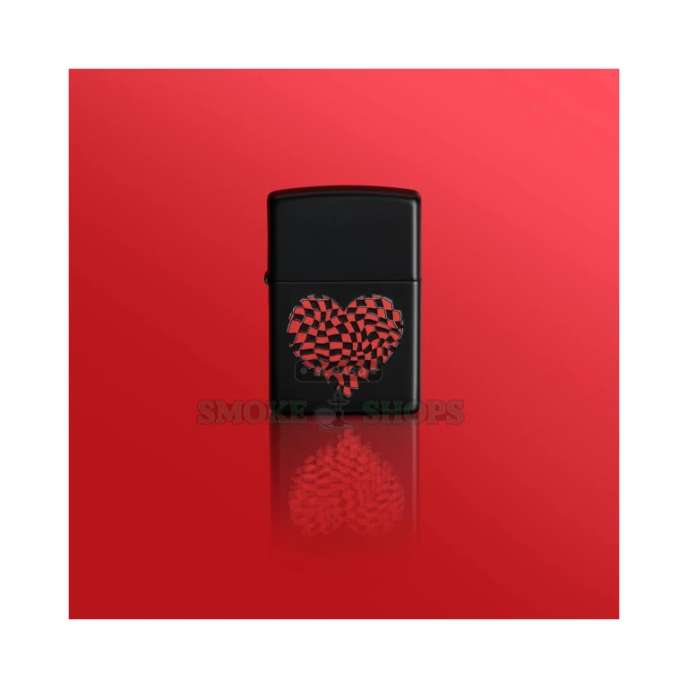 Zippo Heart Design Black Matte lighter open with lid up showing the windproof chimney and wick