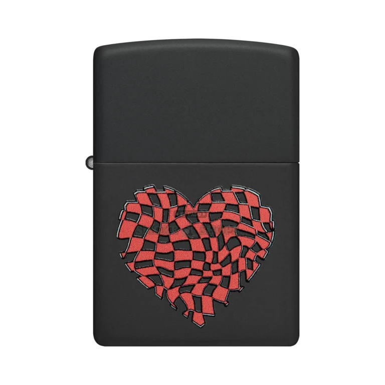 Zippo Heart Design Color Image Black Matte windproof lighter model 48719, closed, showing high-contrast abstract heart on the matte case