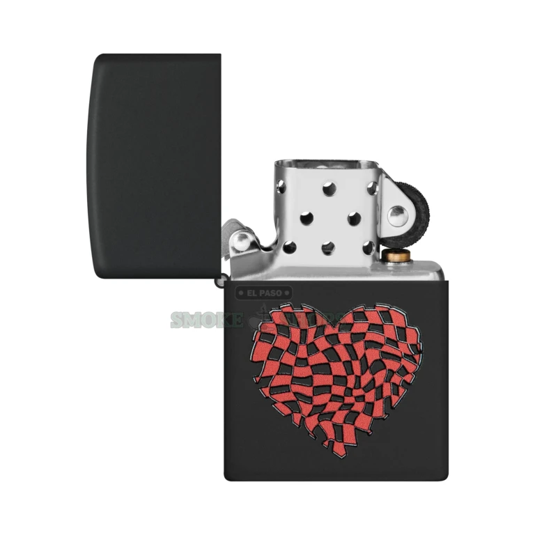 Zippo Heart Design Color Image Black Matte windproof lighter model 48719, closed, showing high-contrast abstract heart on the matte case