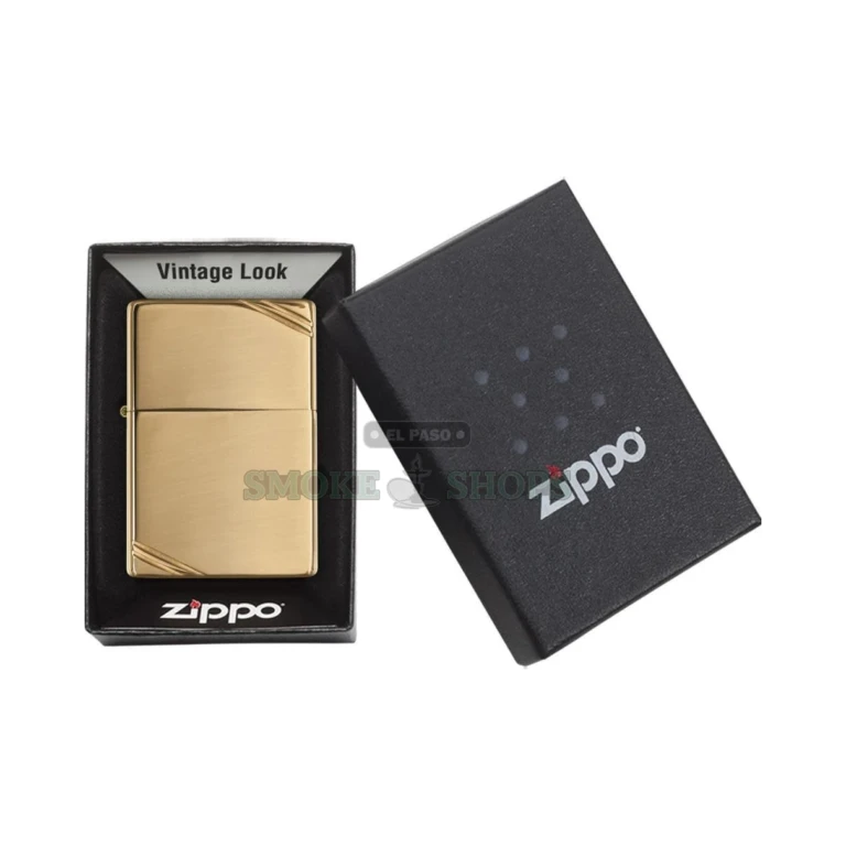 Top-down view of the High Polish Brass Zippo 270 highlighting the diagonal corner slashes