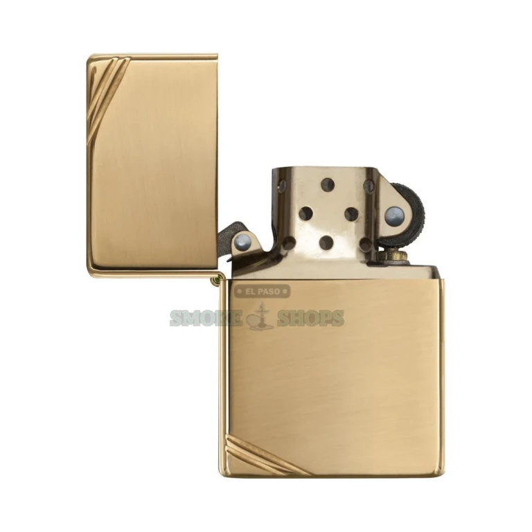 Zippo 270 High Polish Brass Vintage with Slashes lighter, closed, showing the mirror brass finish and corner slashes