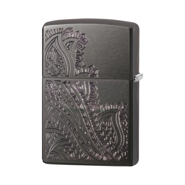 Zippo Iced Paisley lighter shown open in El Paso, etched Iced Imprint paisley design across the Gray Dusk finish