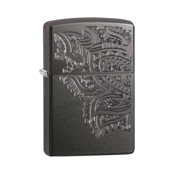 Zippo Iced Paisley windproof lighter in El Paso, all-over frosted paisley boteh pattern on a matte Gray Dusk brass case