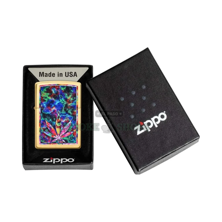 Psychedelic cannabis leaf Zippo Leaf Design lighter in El Paso, color-image graphic on a brushed brass case, angled view