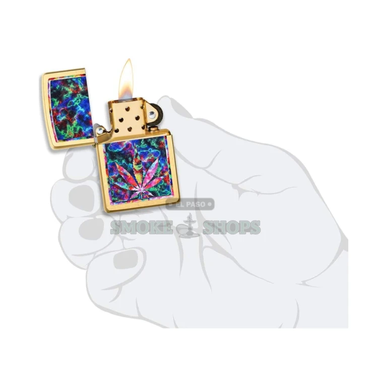 Zippo Leaf Design lighter open in El Paso, brushed brass case, multi-color psychedelic leaf artwork and windproof insert