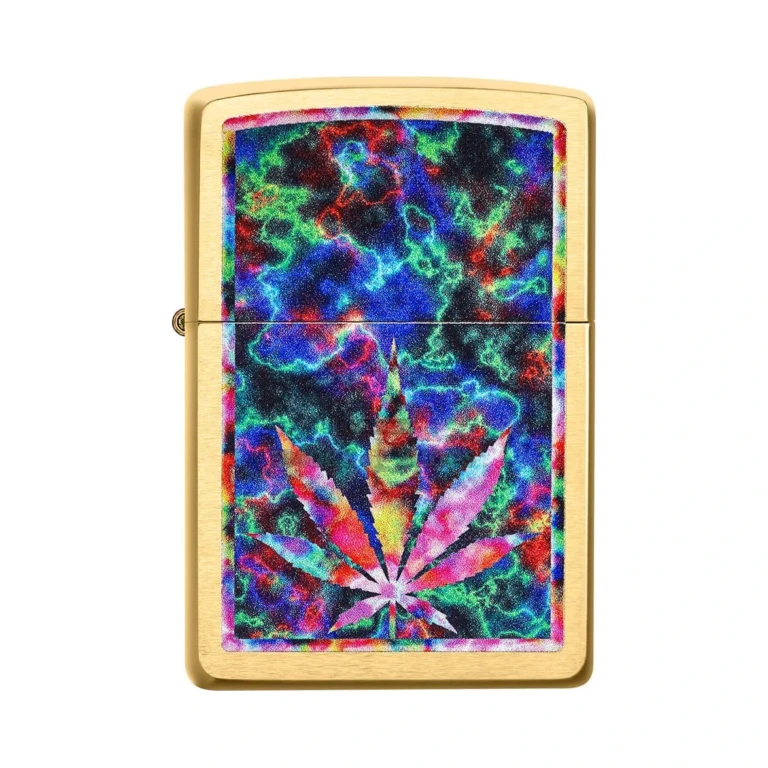 Back of the Zippo Leaf Design windproof lighter in El Paso, brushed brass case and psychedelic color-image leaf graphic