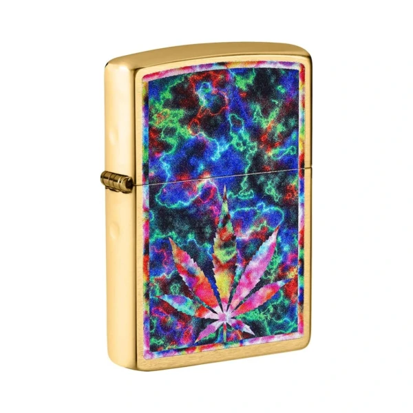 Zippo Leaf Design windproof lighter in El Paso, brushed brass case with a psychedelic multi-color cannabis leaf, front