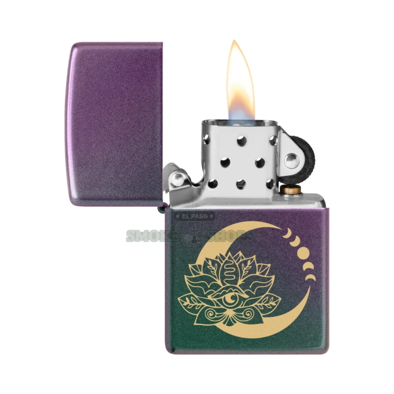 Close-up of the laser-engraved lotus flower under moonlight with ancient symbols in brass tones