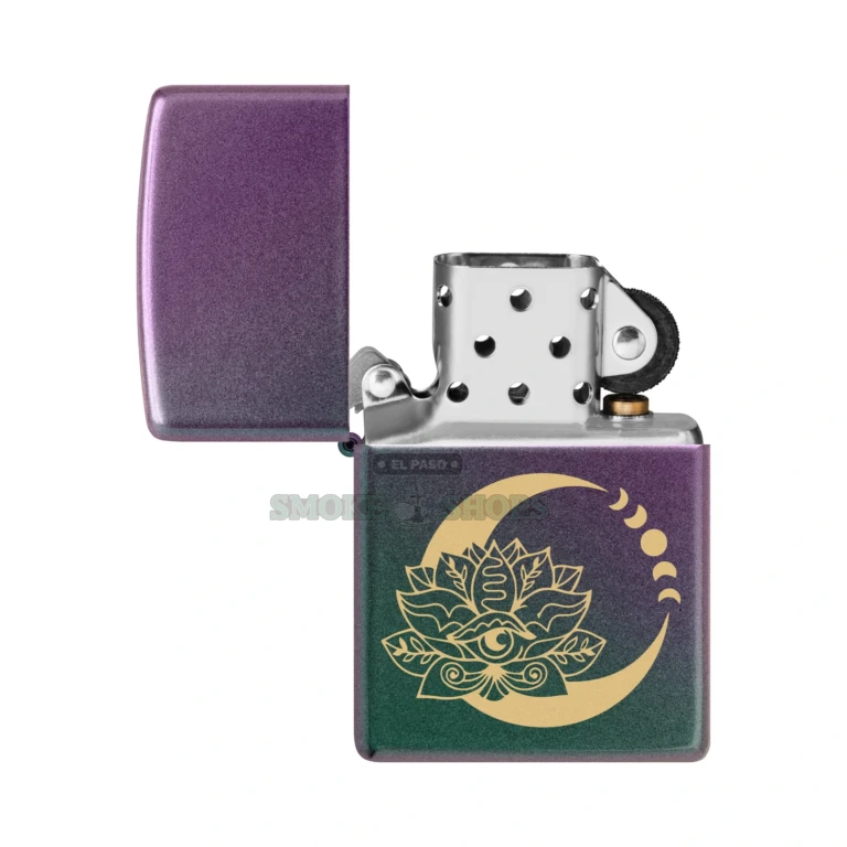 Open Zippo Lotus Moon lighter showing the windproof chimney insert and flame