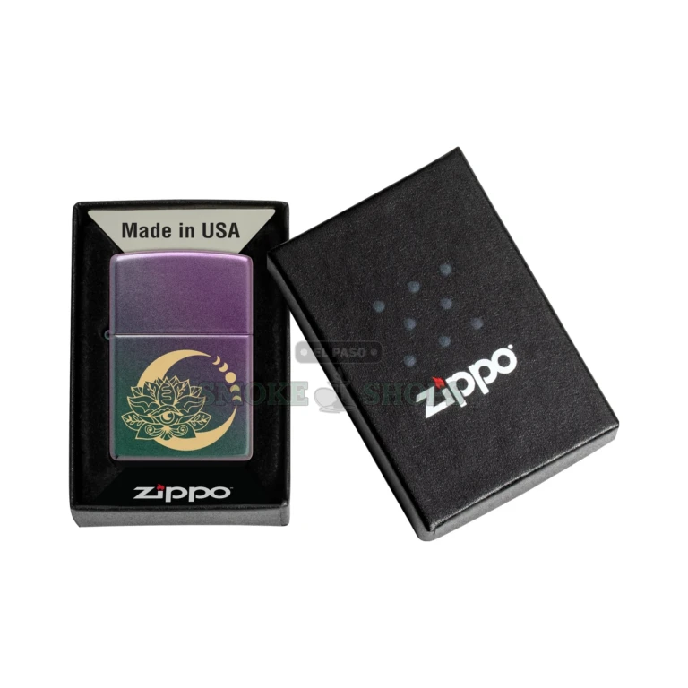Zippo Lotus Moon Design iridescent windproof lighter 48587 with laser-engraved lotus and brass-tone symbols, El Paso Smoke Shops