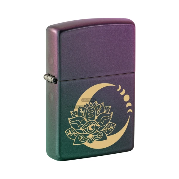 Zippo Lotus Moon Design iridescent windproof lighter 48587 with laser-engraved lotus and brass-tone symbols, El Paso Smoke Shops