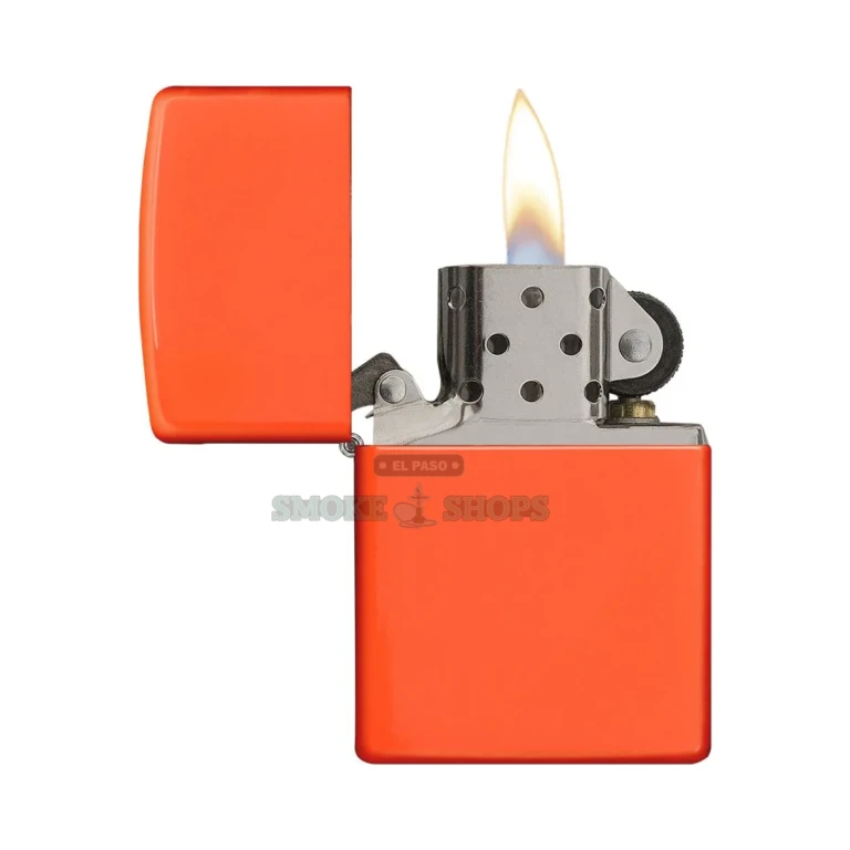 Neon Orange Zippo lighter (28888) closed case view, solid fluorescent-orange color from Zippo's 2015 Neon line, El Paso