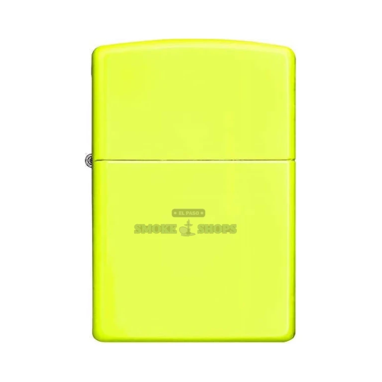 Angled view of the Zippo Neon Yellow windproof lighter (28887) in El Paso, solid neon color with no printed artwork on it