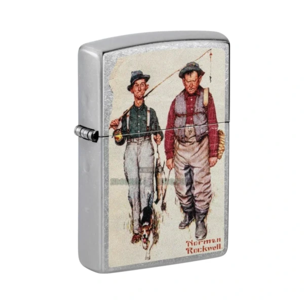 Zippo Norman Rockwell 48987 windproof lighter in El Paso, Street Chrome case showing the Two Old Men and a Dog fishing scene