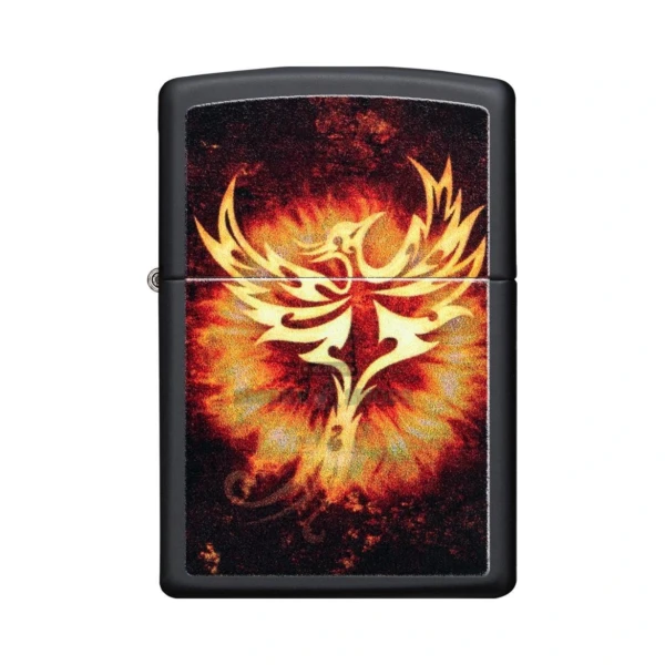Zippo Phoenix Design 2 windproof lighter in El Paso, full-color phoenix rising from flames on a black matte brass case