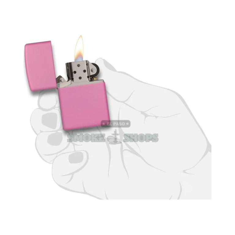 Zippo Pink Matte 238 windproof lighter open with the flip lid raised, soft matte-pink finish on the brass case, in El Paso
