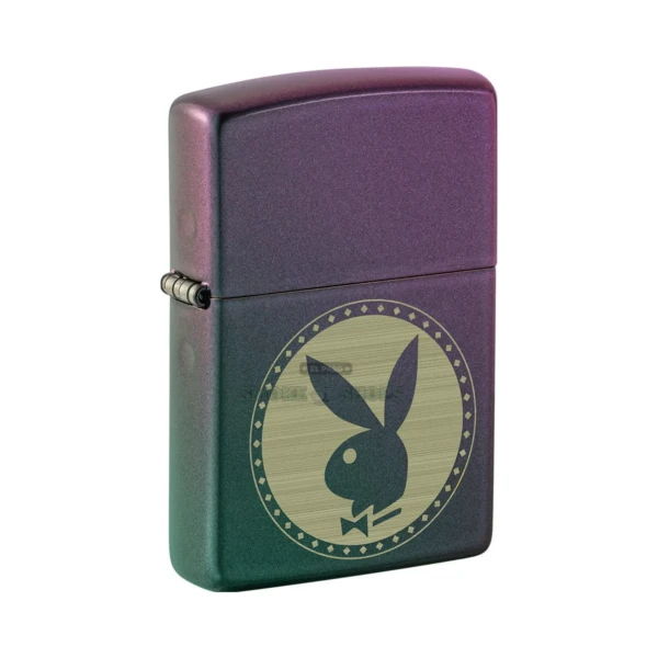 Zippo Playboy Rabbit Head iridescent windproof lighter model 48380 closed, showing the laser-engraved bunny logo and shifting metallic finish