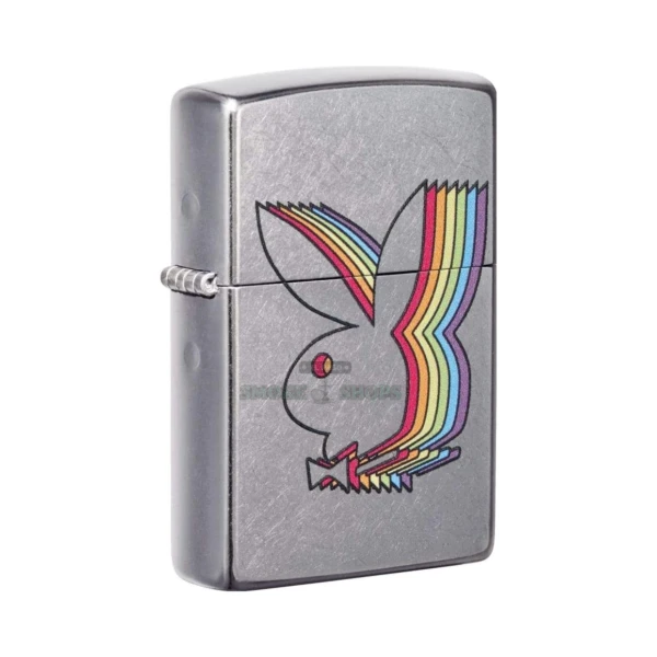 Zippo Playboy windproof lighter front showing the chrome Rabbit Head outline over pastel bunnies, in El Paso