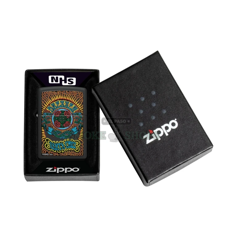 Side view of the Santa Cruz Zippo lighter 48742 in El Paso, black matte case with full-color Eric Dressen rose and knot art